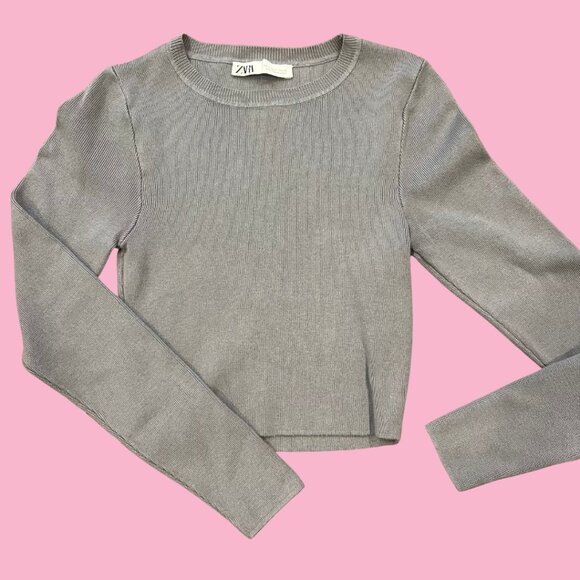 Zara Gray Crop Ribbed Long Sleeve Sweater Top Basics Women's Size Medium - Picture 2 of 5